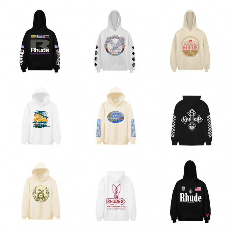 25S跨境欧美潮牌RHUDE几何字母图案印花连帽卫衣男女高街帽衫外套