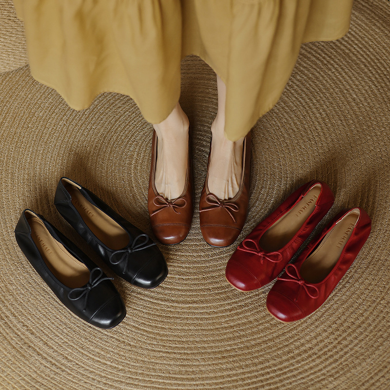 French Gentle Style Flats Mary Jane Shoes for Women 2025 New Spring Genuine Leather Bow Shallow Mouth Flats Ballet Shoes