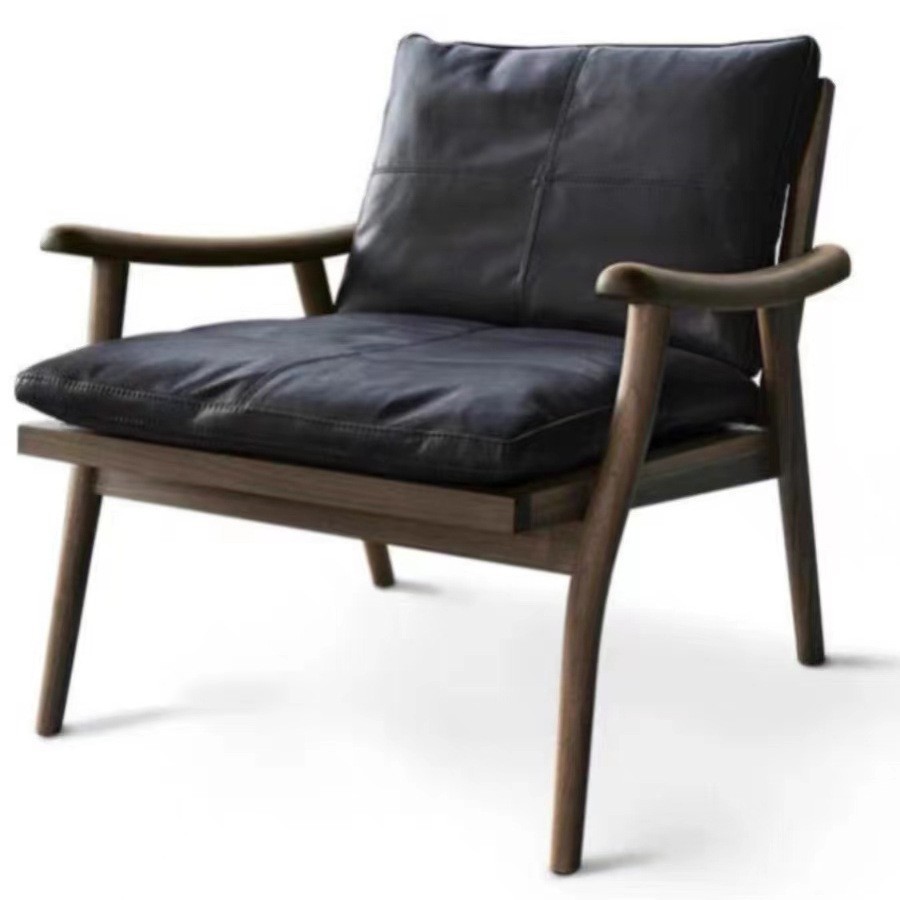 Color de nuez negro madera de cera blanca diseño moderno sala de estar sofá silla de madera de cuero casual nórdica