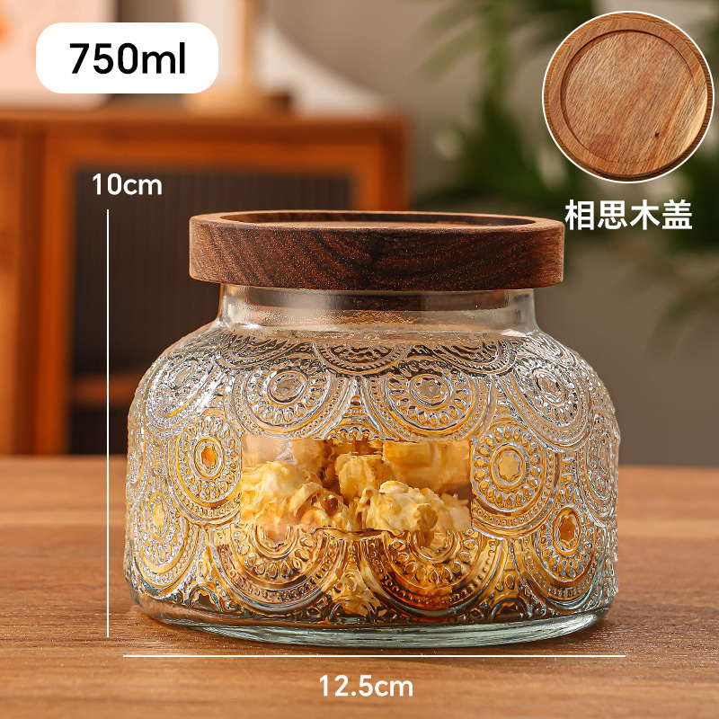 Relieve gran barriga tanque de almacenamiento de vidrio sellado cocina frutas secas granos alimentos almacenamiento al por mayor latas de dulces transparentes