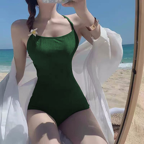 HURUN Beach Summer Tight Bodysuit for Women, Covering Stomach, Slimming, Conservative Strappy Backless Sexy One-Piece Swimsuit