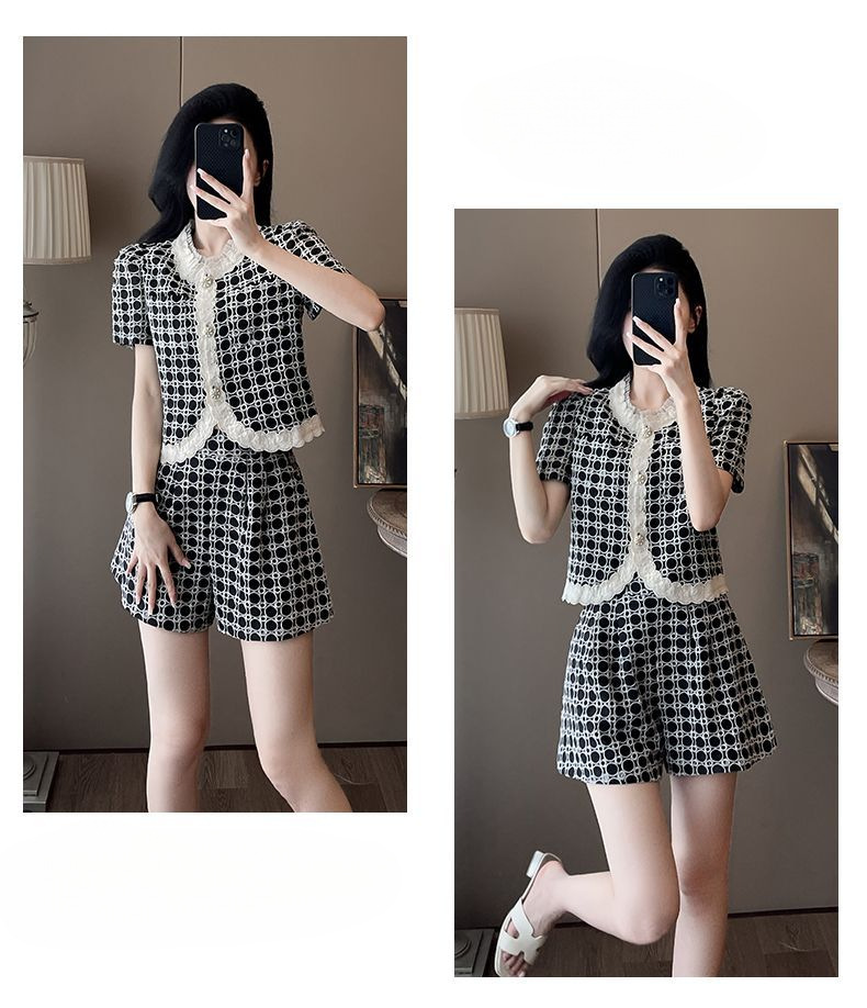 Bộ quần short nữ mùa hè phong cách tiểu hương phong 2 món — Trang phục màu đen chi tiết 9