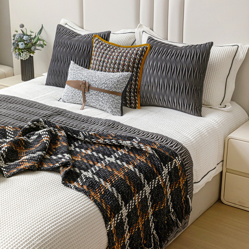Modern Chinese Style Style Model Room Pillow Bedding Multi-piece Set Grey Quilted Cotton Bed Flag Bed Tail Towel Orange Blanket