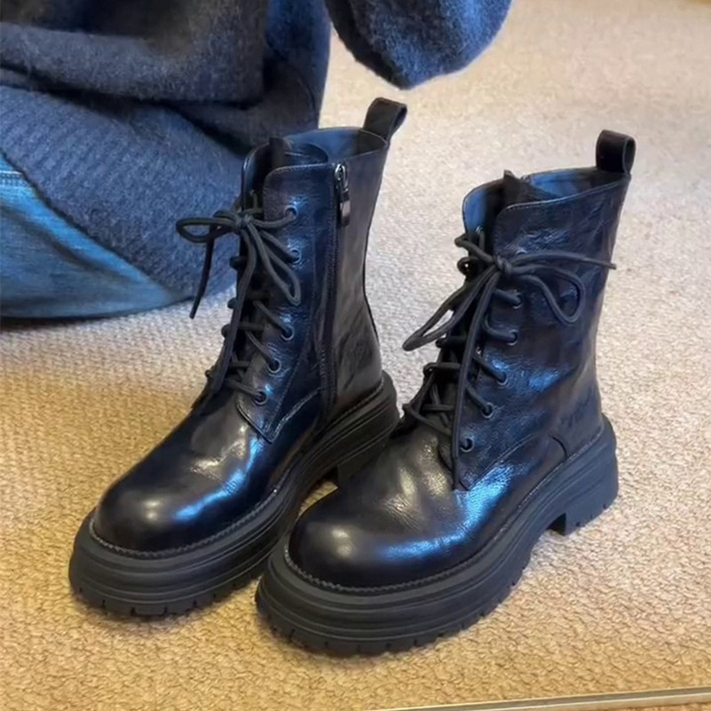 Cowhide Version ~ Thick-Soled Boots for Women 2025 New Popular Height-Increasing Short Boots for Small People Black British Style Boots