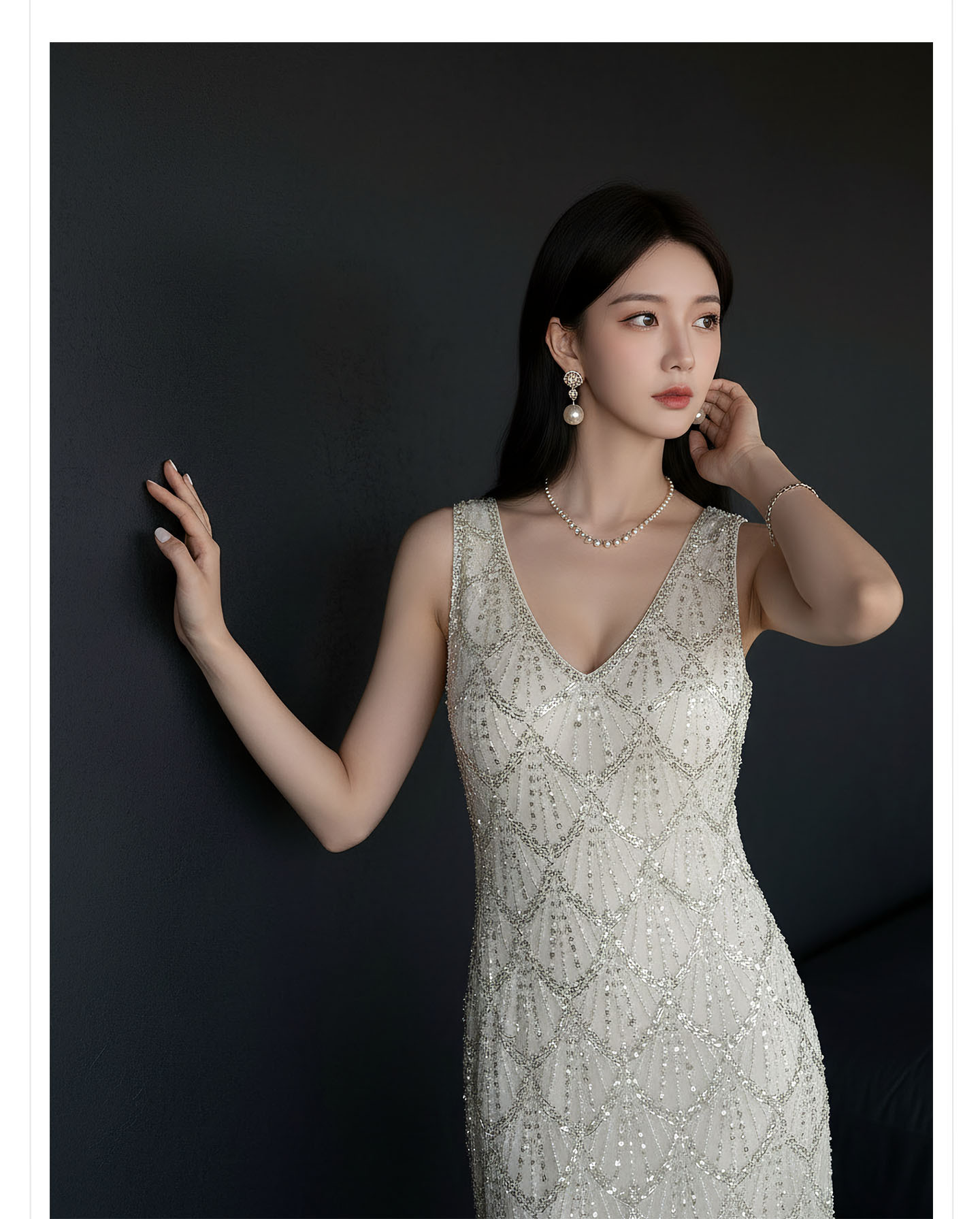 Đầm suông nữ midi tay lỡ phong cách cổ điển đính cườm — màu trắng ngà chi tiết 2
