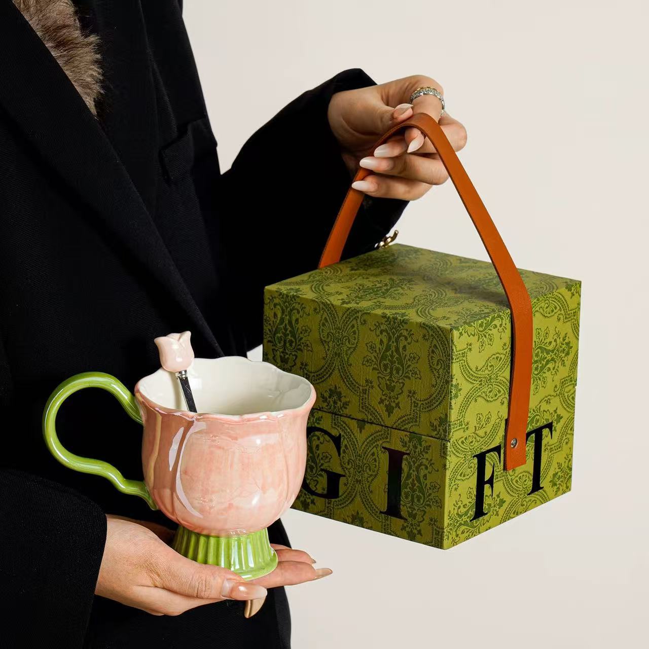 Tazas de cerámica de alto nivel, tazas de agua caseras, tazas de té de flores de oficina, regalos para chicas