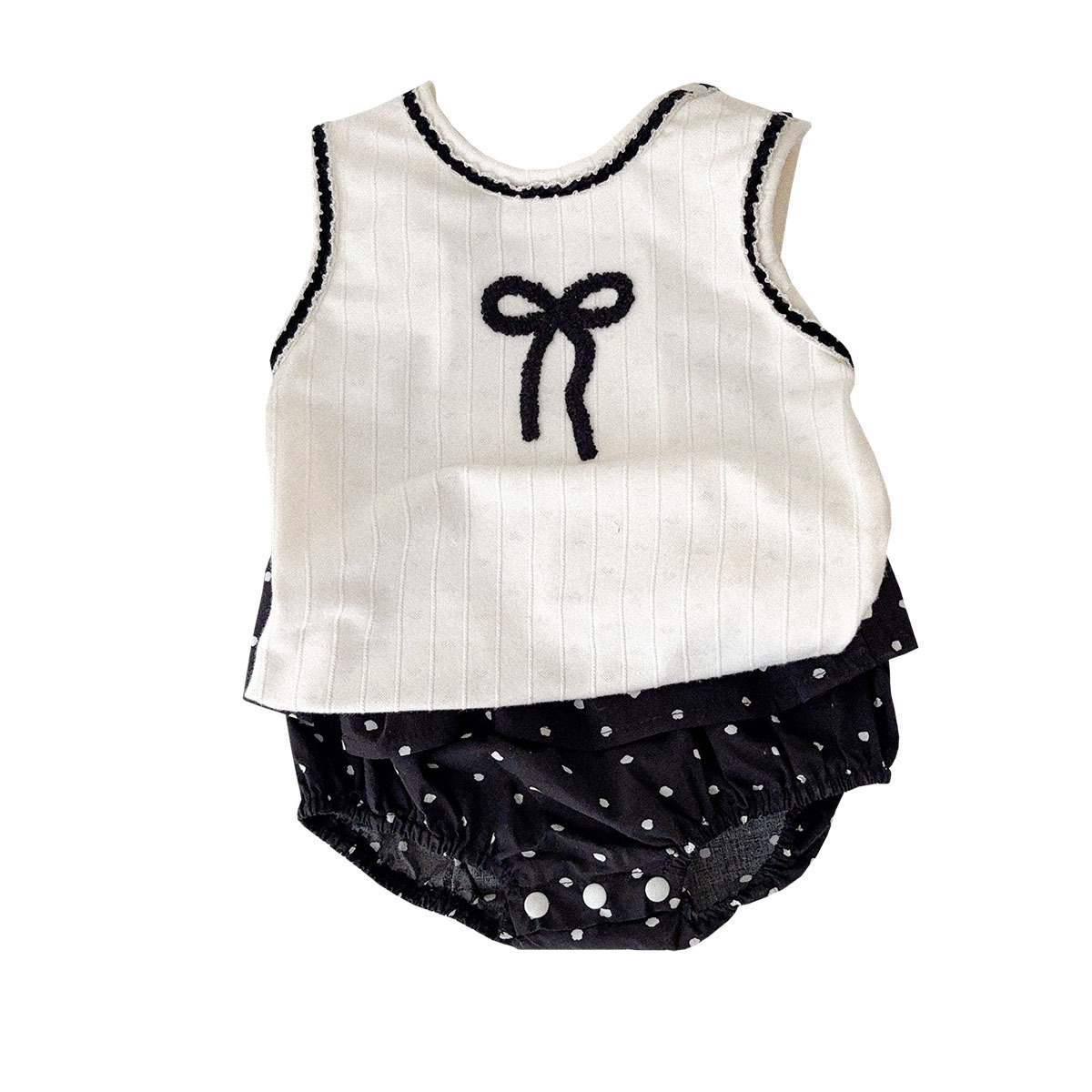 Ropa de verano para bebés y niños pequeños, blusa sin mangas con lazo dulce para bebés, pantalones cortos de pedo con lunares, traje de dos piezas