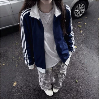 藏蓝色三条杠外套女款巨好看早秋冬夹克薄款卫衣2026超火韩系穿搭