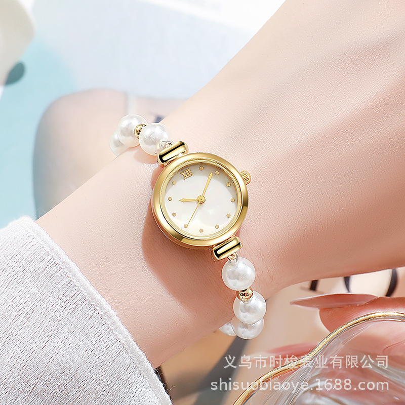 爆款小众气质简约珍珠手表女 网红创意珠子拉绳学生表个性手链表