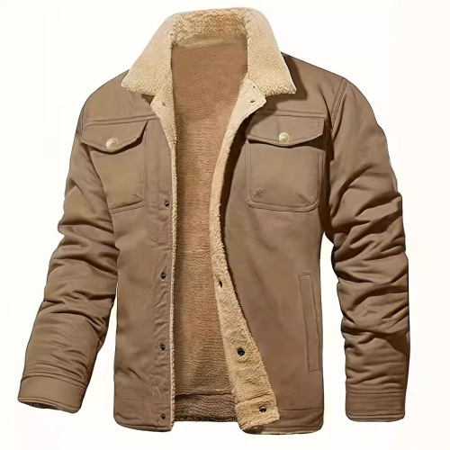 Autumn and winter plus-size men's polyester fleece-lined workwear jacket, youth British-style lapel coat