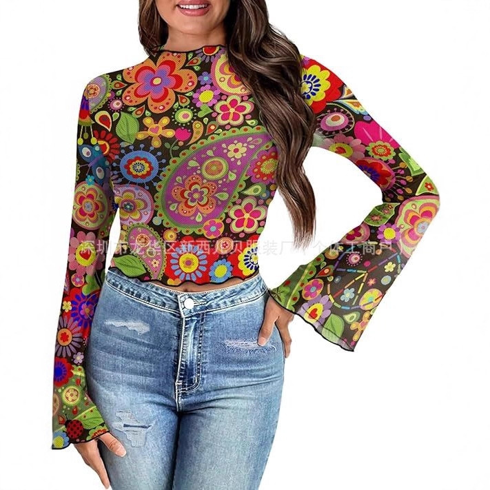 Cross-Border New Hot-Selling Women's 70S Hippie Floral Bell Sleeve Lettuce-Trimmed Fake Collar Floral Mesh Crop Top T-Shirt