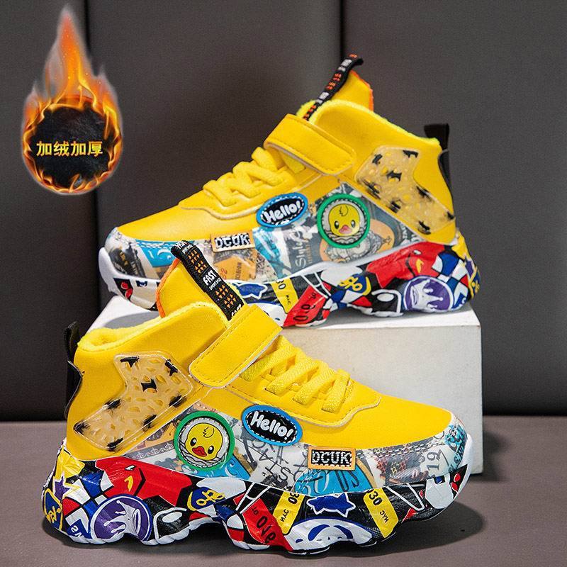 Boys Shoes Children Sports Basketball Shoes fleece-lined Warm Casual Baby Outdoor Cotton Shoes Children Leather Shoes Trendy