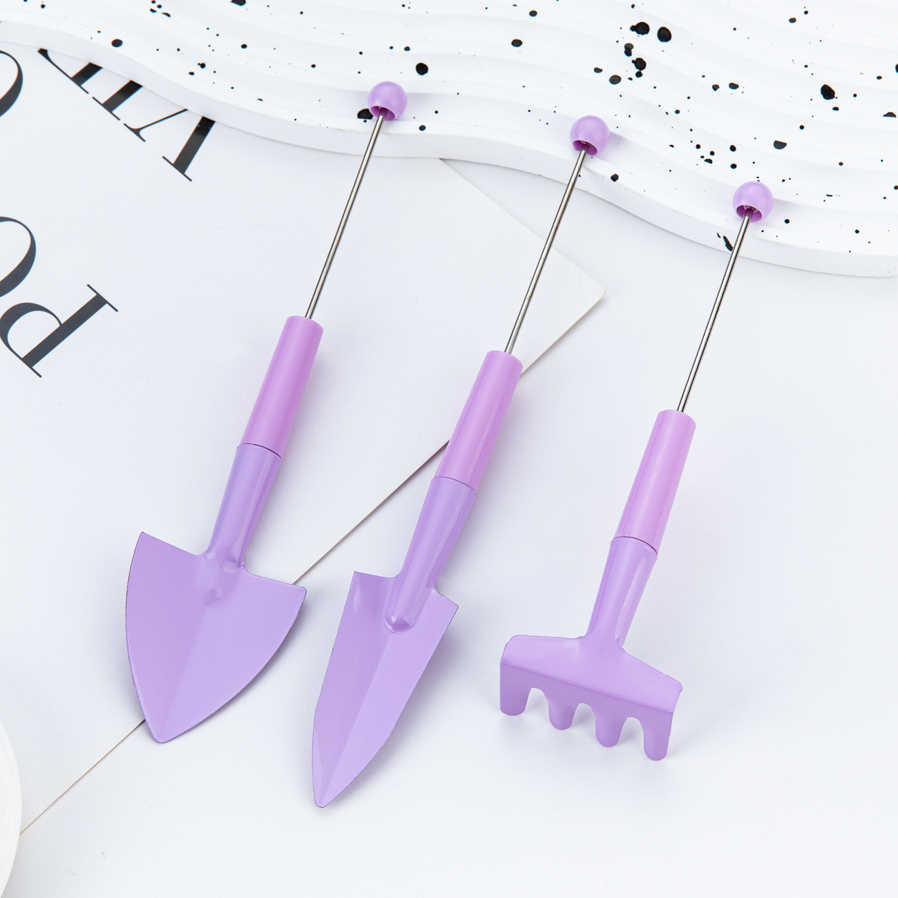 DIY cuentas herramientas de jardinería set de tres piezas rastrillo flor plantación de flores carnosas pequeñas herramientas de pala pequeña pala maceta