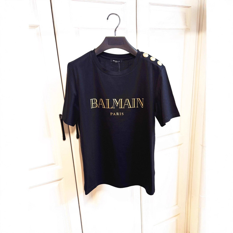 European and American Trendy Brand Spring and Summer New Balmain T-Shirt Loose Short-Sleeved Hot Gold Letters Cotton Shoulder Gold Buckle Balmain