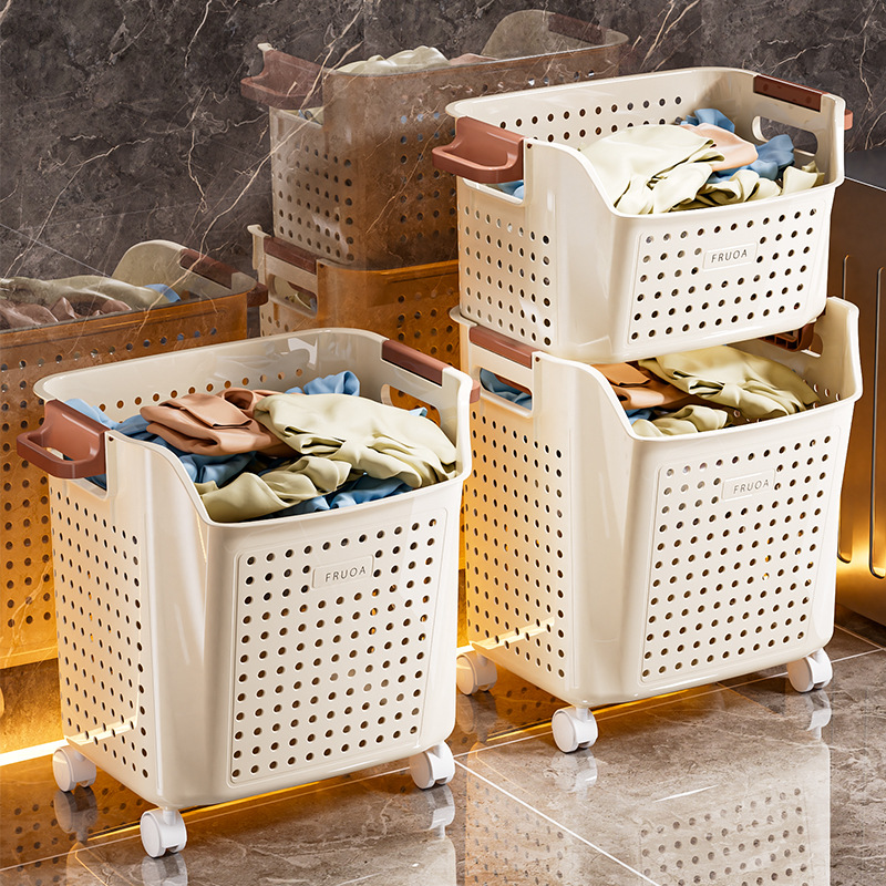 Double-Layer Laundry Basket, Large-Capacity Clothes and Sundries Storage Basket, Toy Bucket, Bathroom Bathroom Wheeled Plastic Dirty Clothes Basket
