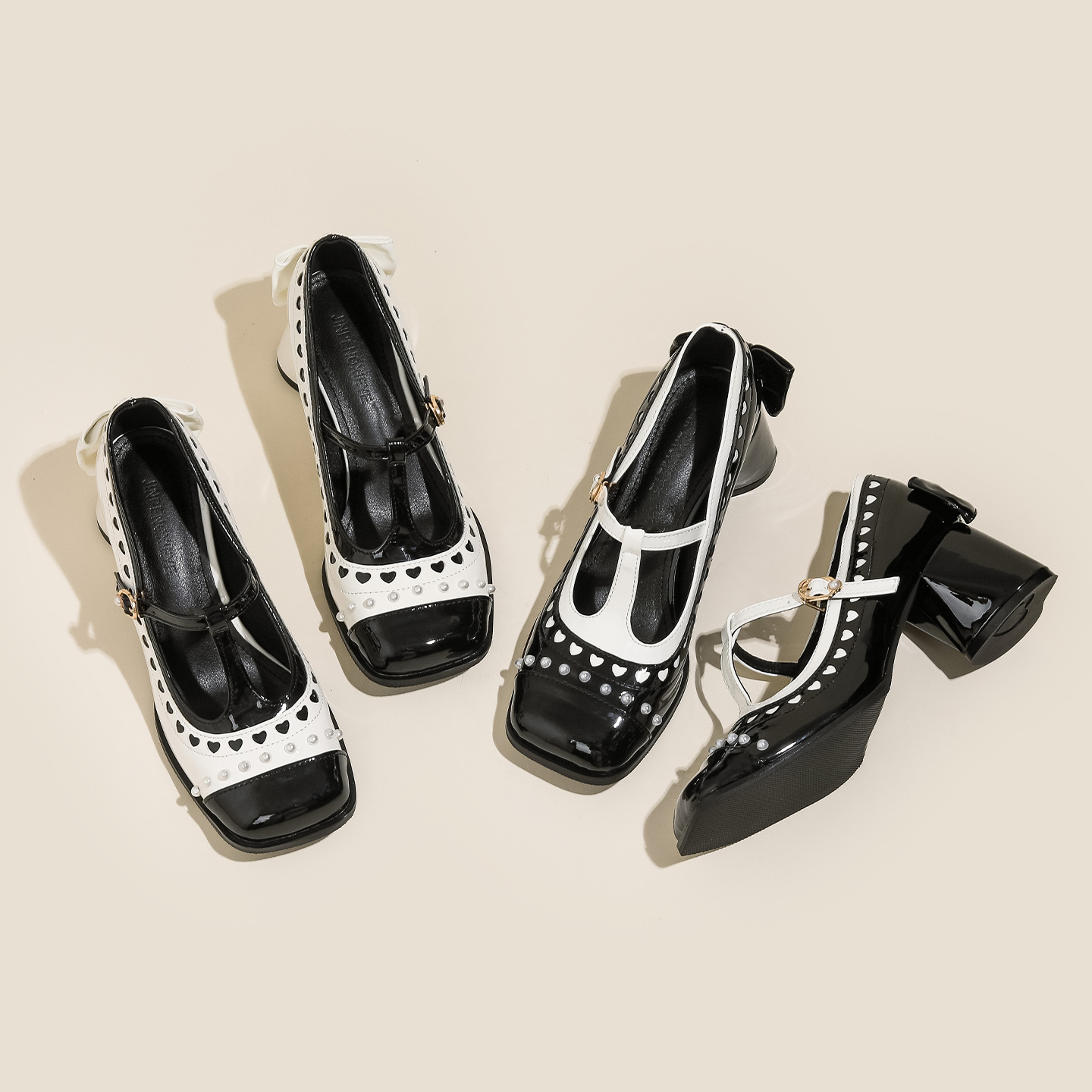 Mary Jane shoes square toe, high heels with a strap, decorated with pearls, Lolita style, wide stable heel