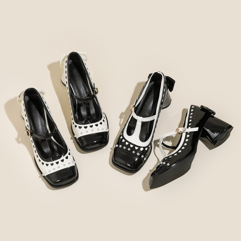 Rich Girl's Square-Toe Mary Jane Shoes with Heart-Shaped Heel, Pearl Strap, Lolita High Heels, Chunky Heel