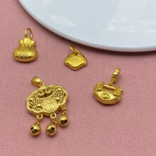 沙金长命锁吊坠平安锁镂空铃铛宝宝编绳福锁女饰品金锁高保色儿童