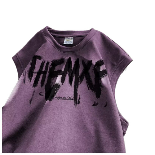 Pink suede-velvet sleeveless T-shirt for men, high-street heavyweight vest top, trendy brand casual vest for couples, sweatshirt-style shirt