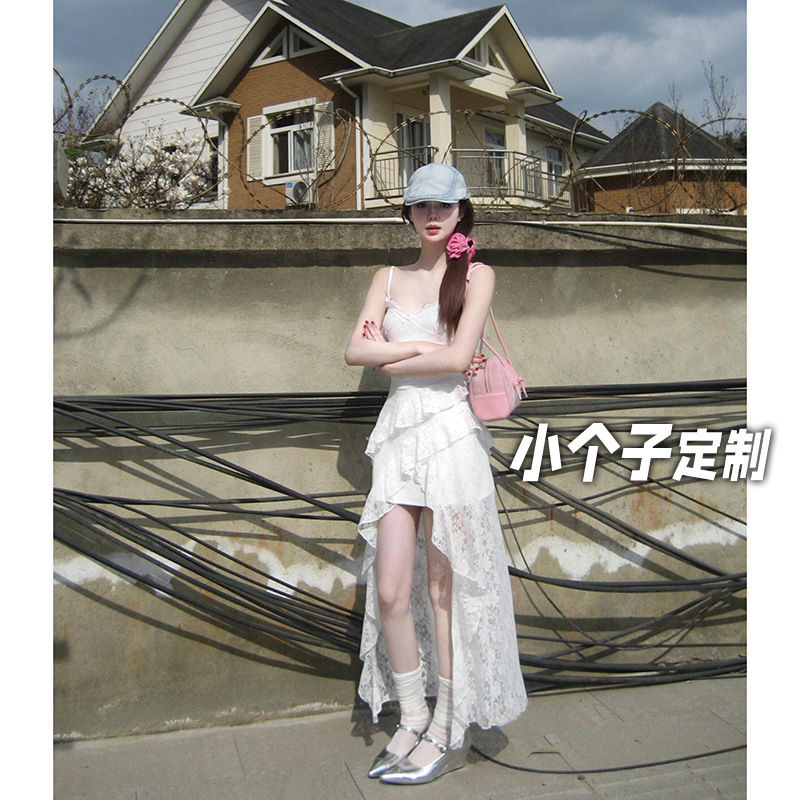 150 Petite Lace Irregular Slit Dress for Women, Spring Vibe, Slim Fit, Pure Desire Spaghetti Strap Mid-Length Dress