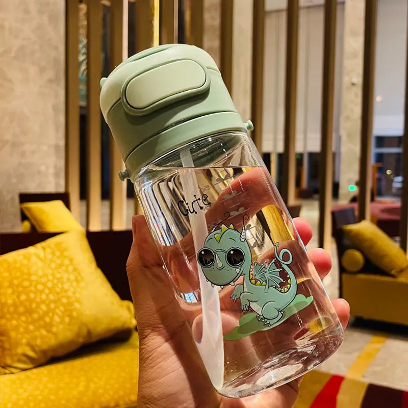 Botella de agua escolar con pajilla y correa, plástico resistente a caídas