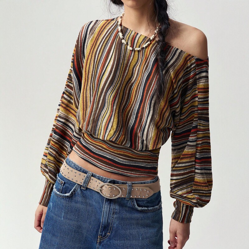 European and American striped off-shoulder long-sleeve T-shirt for women, autumn loose knit top, bohemian style cross-border fashion women's clothing European and American striped off-shoulder long-sleeve T-shirt for women, autumn loose knit top, bohemian style cross-border fashion women's clothing