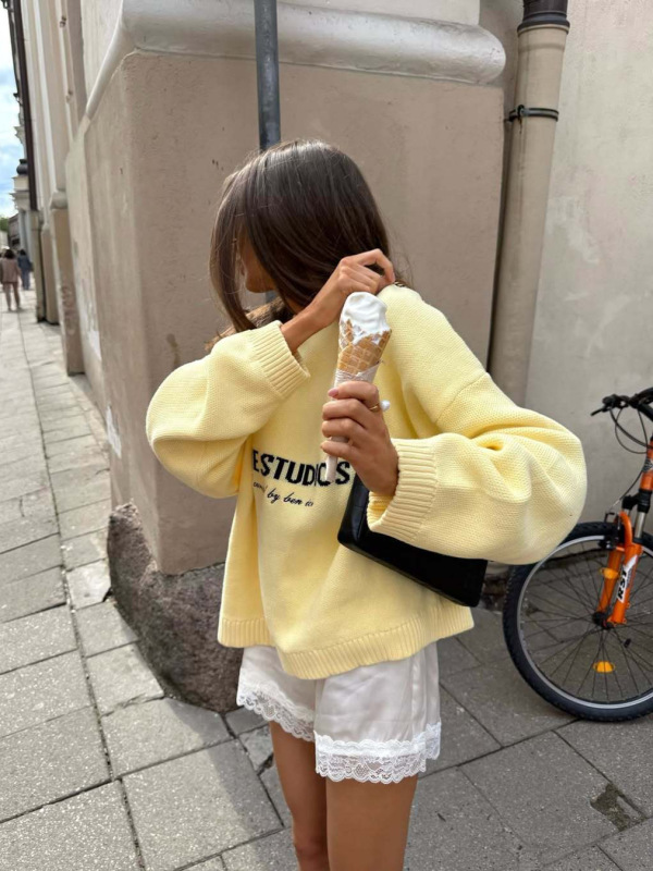 欧美跨境宽松复古慵懒风字母毛衣女秋冬2025新款套头黄色针织衫|undefined