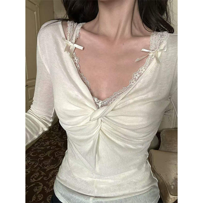 十三行小香风扭结V领纯欲风蕾丝花边T恤女高级感紧身显瘦上衣|undefined
