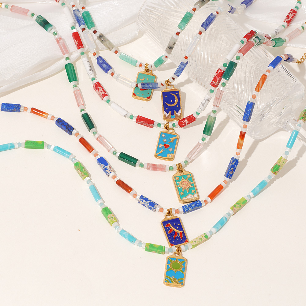 Beaded Chain Chain Type Natural Stone Titanium Steel Beaded Chain Enamel Geometric Sun Heart Shape Pendant Necklace
