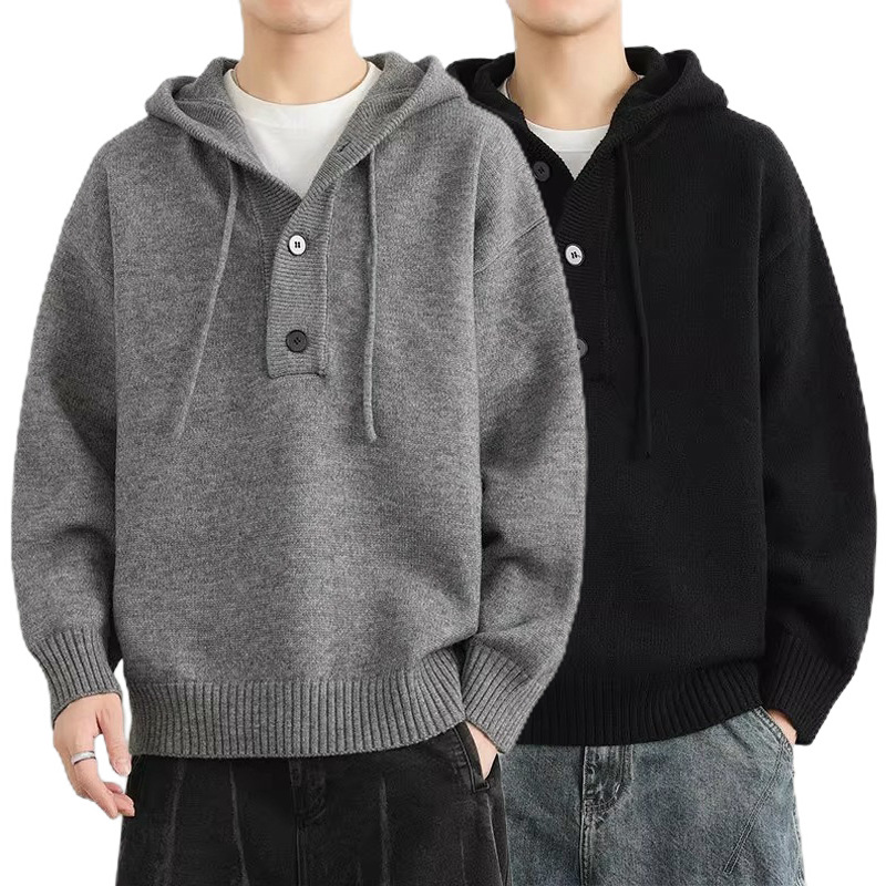 Men's Oversized Hooded Sweater – Cleanfit Knit Pullover For Relaxed Winter Style (Black/Grey, Plus Size S-2XL)_voghion.com