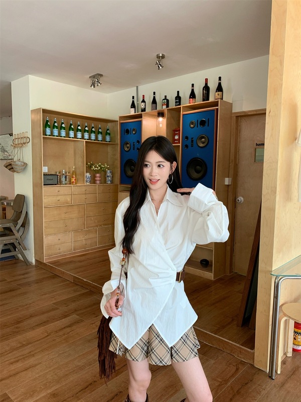 法式气质polo领白色衬衫设计感褶皱收腰长袖衬衣女装秋季别致上衣|undefined