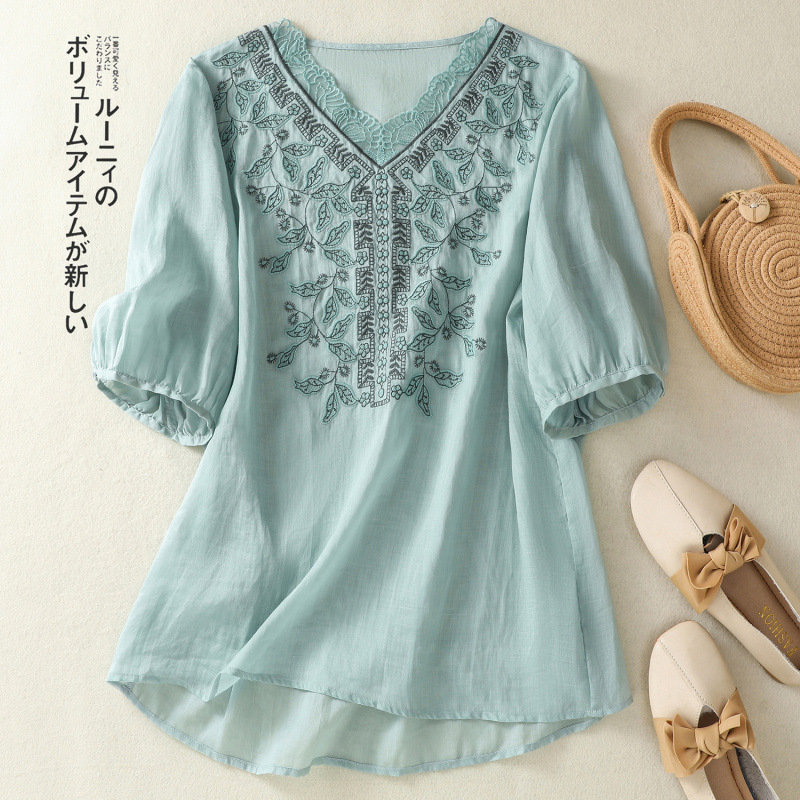 2026 Cotton and Linen Artistic Retro Embroidered V-Neck Blouse for Women, New Summer Style Lace Splicing Half-Sleeve Casual Top 2026 Cotton and Linen Artistic Retro Embroidered V-Neck Blouse for Women, New Summer Style Lace Splicing Half-Sleeve Casual Top