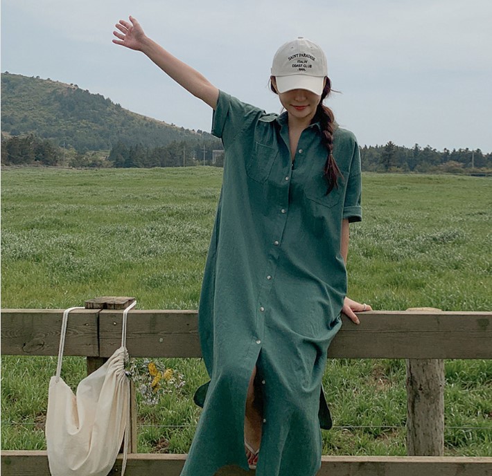 Korean Summer Short Sleeve Long Pattern Dress Loose Lazy Over The Knee Shirt Dress Women