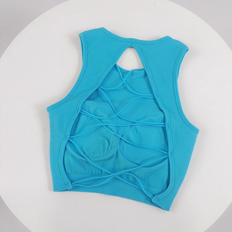 Hermoso chaleco de yoga con cordones cruzados, ropa interior deportiva de copa fija para mujer, ropa deportiva para correr, top sexy