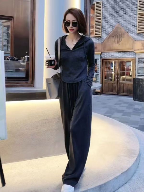 运动休闲两件套连帽卫衣外套女装春季阔腿裤长裤2025新款时尚套装|undefined