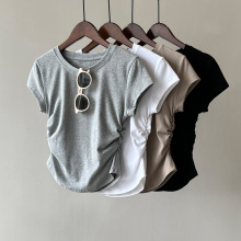 2025夏季收腰抽褶显瘦修身短款上衣韩系简约基础款正肩短袖T恤女