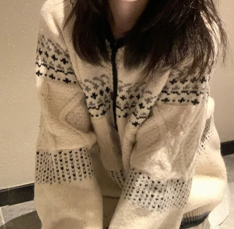 韩系宽松费尔岛复古毛衣秋冬新款针织设计感连帽宽松开衫慵懒外套|undefined