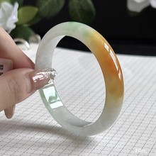 黄翡冰种翡翠手镯子天然缅甸黄玉飘绿半山水平安镯三彩鸡油黄送礼