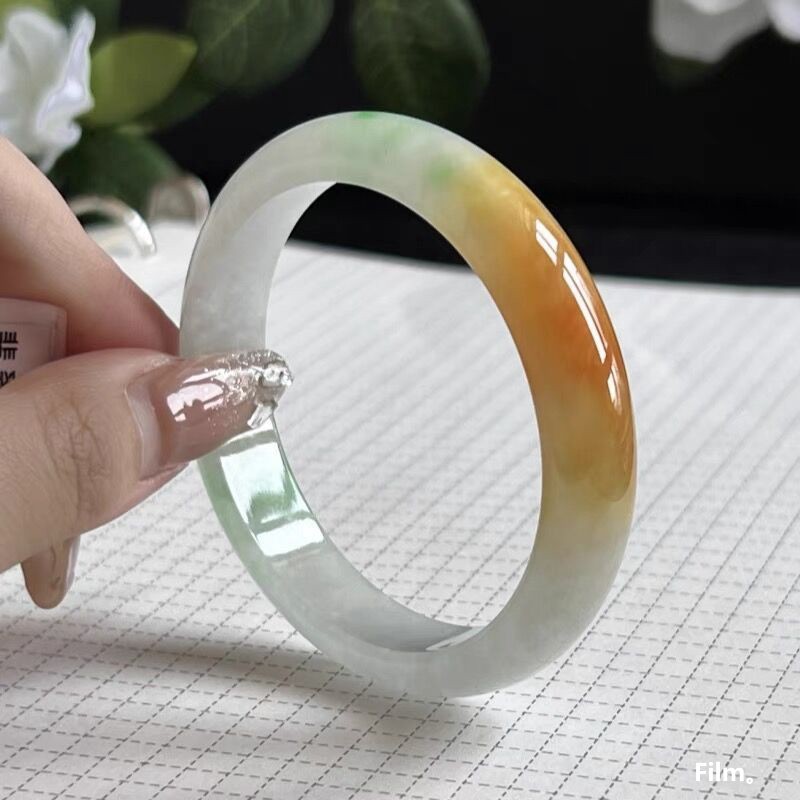 黄翡冰种翡翠手镯子天然缅甸黄玉飘绿半山水平安镯三彩鸡油黄送礼