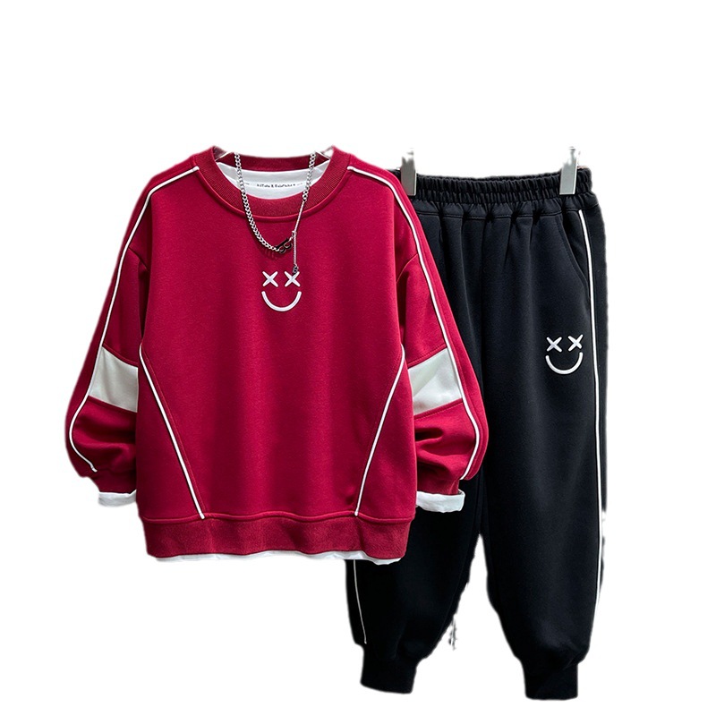 Set sport pentru băieți 2024, primăvara nouă, cu față zâmbitoare, din două piese, pentru copii de vârstă mijlocie și bisexuală, la modă_voghion.com