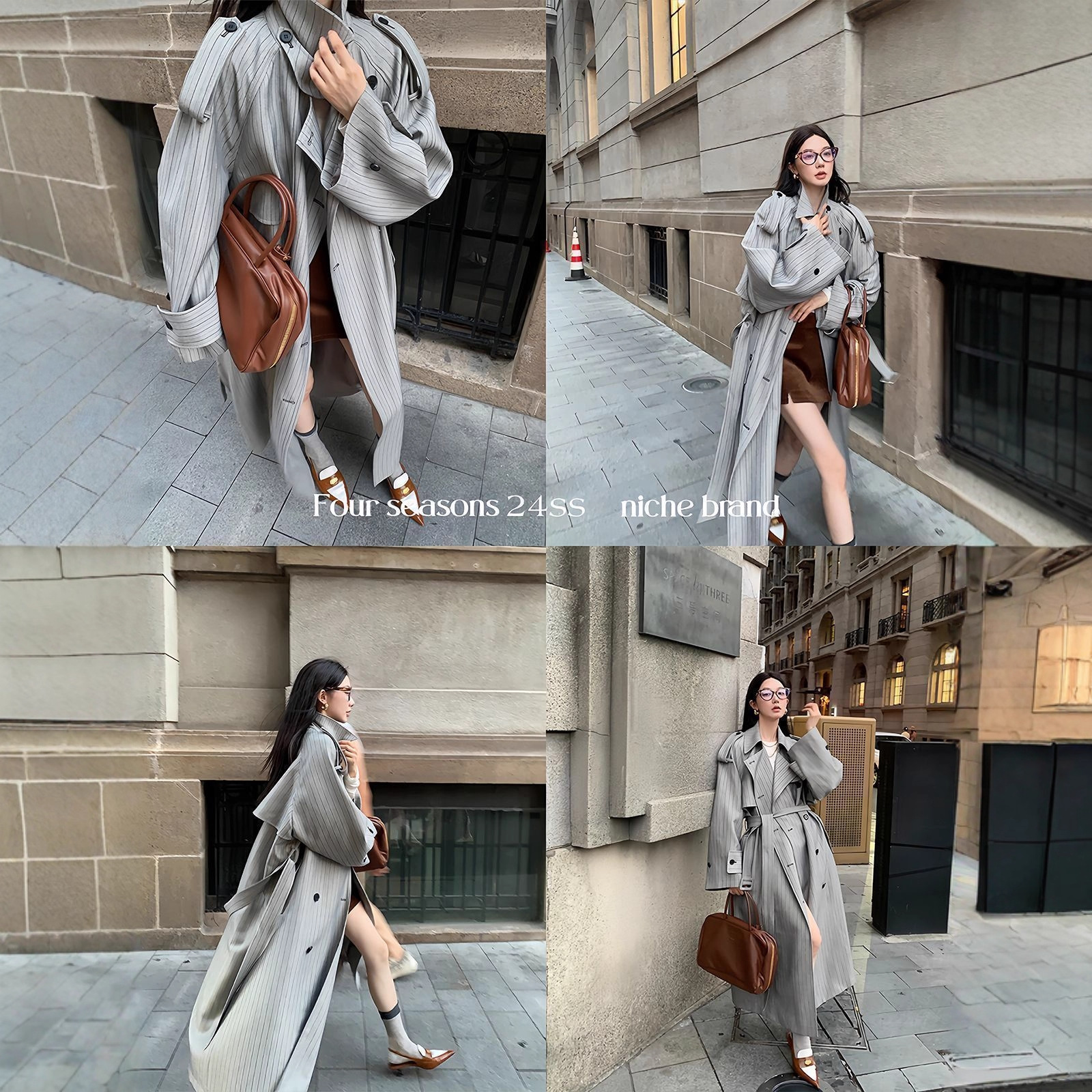 Ouyang Lapel Double-Breasted Windbreaker Jacket for Women in Autum Loose-Fitting Lace-Up Silhouette Mid-Length Outwear