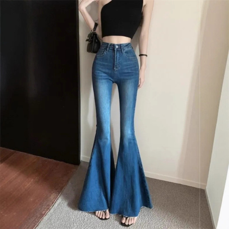 [Han Niu] American Retro High-Waisted Micro-Flared Jeans for Women Showing Long Legs, Washed Large-Flared Denim Pants