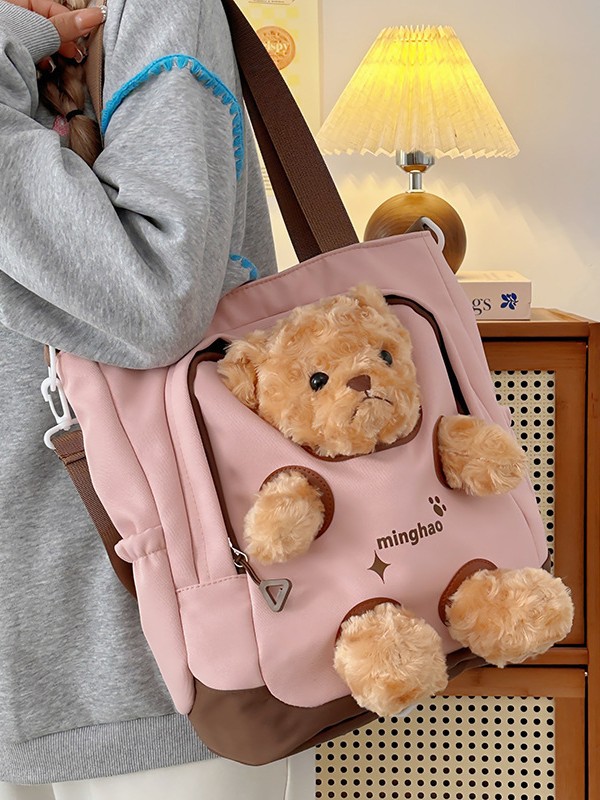 Cute Doll Canvas Bag for Women Large Capacity Bear Plush Crossbody Tote Bag for Girls Junior High School Students Handbag