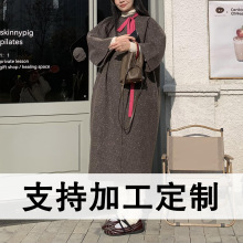 【定制】玫粉丝带复古棕色双面尼长大衣外套宽松廓形女士呢大衣