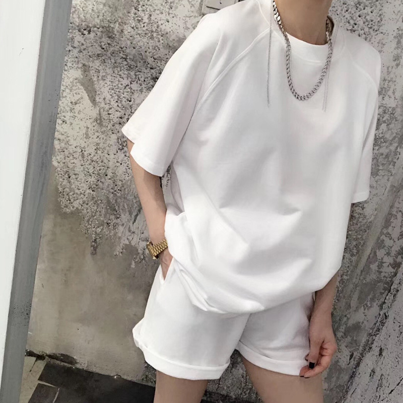 欧洲站时尚套装女夏白色2021韩国纯色新款宽松短袖T恤短裤两件套