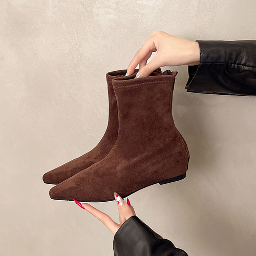 Compact Low-Heeled Brown Retro Short Boots for Slim Women: Spring and Summer New French-Style Short Boots and Barefoot Boots