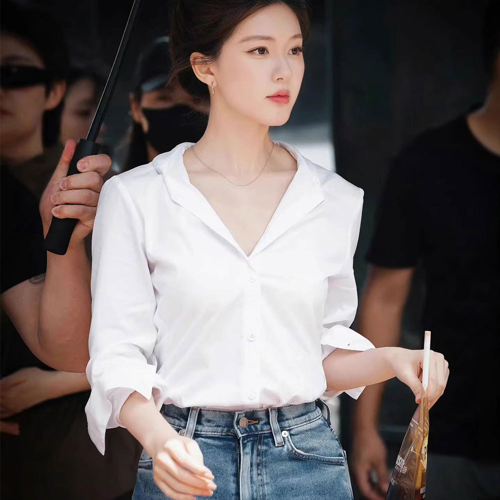 Xu I Dazzle Xu Yan Zhao Rusi Same Style White V-neck Long Sleeve Shirt Women's Spring and Autumn New French Elegant Shirt