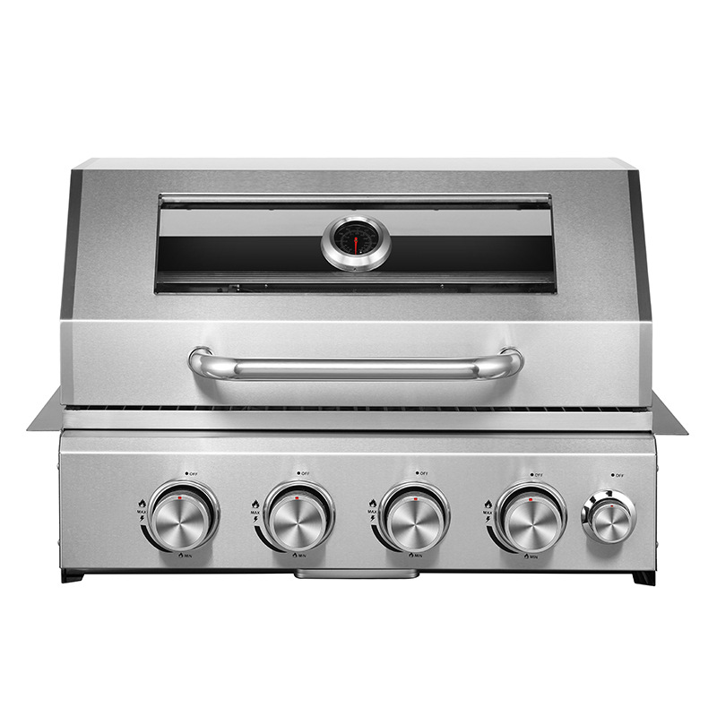 Directo de fábrica de acero inoxidable incrustado Parrilla de barbacoa al aire libre Villa humo barbacoa parrilla estufa de cuatro cabezas cubierta superior ventana de vidrio