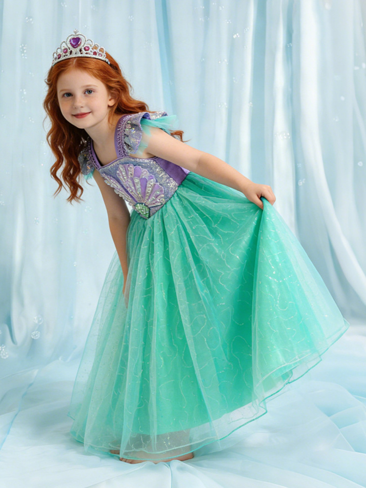 Nuevo vestido de princesa de sirena de niña con cuentas de sequilla vestido de encaje espectáculo cos服 pequeña camisa de malla de manga volante