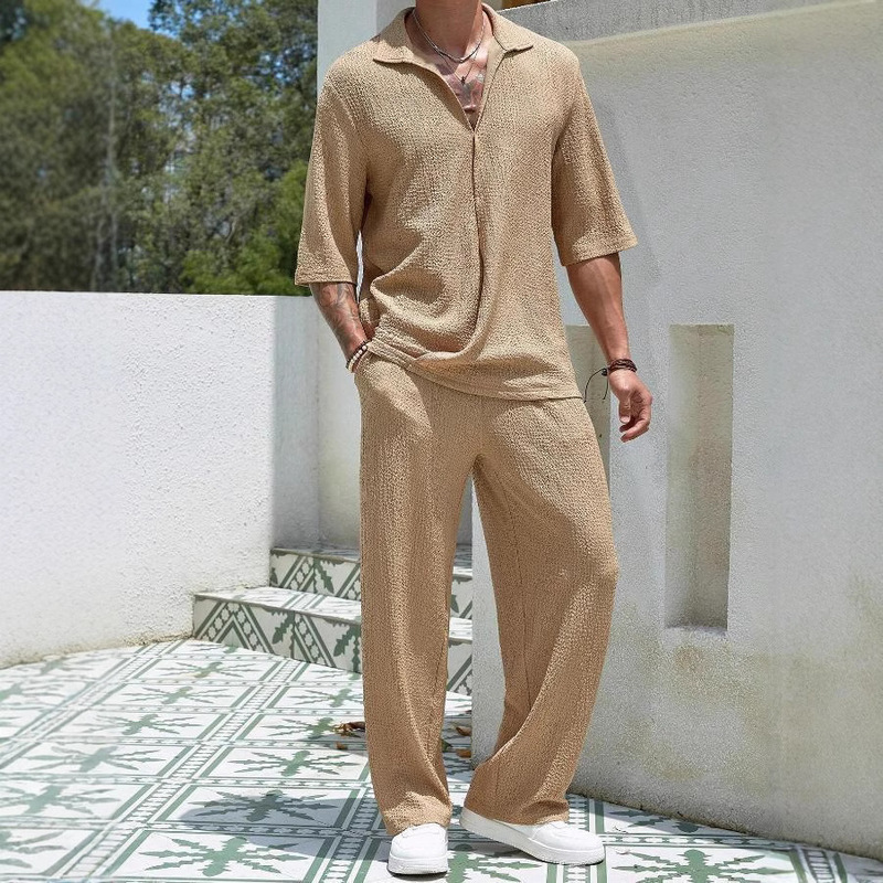 2024 Europe and the United States cross-border new commuter suit casual shirt solid color short sleeve trousers men's two-piece casual suit 2024 Europe and the United States cross-border new commuter suit casual shirt solid color short sleeve trousers men's two-piece casual suit